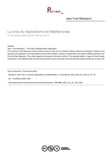 La crise du régionalisme en Méditerranée - article ; n°169 ; vol.43, pg 91-112