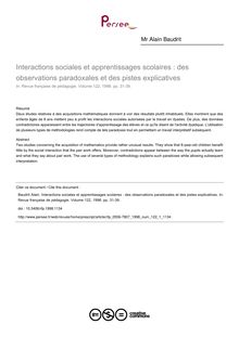 Interactions sociales et apprentissages scolaires : des observations paradoxales et des pistes explicatives - article ; n°1 ; vol.122, pg 31-39
