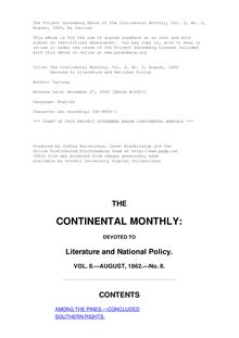 The Continental Monthly, Vol. 2, No. 2, August, 1862 - Devoted to Literature and National Policy