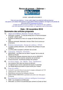 Revue de presse « Défense » Date : 30 novembre 2010 Sommaire des ...