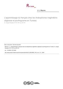 L apprentissage du français chez les Arabophones maghrébins (diglossie et plurilinguisme en Tunisie) - article ; n°1 ; vol.19, pg 90-107