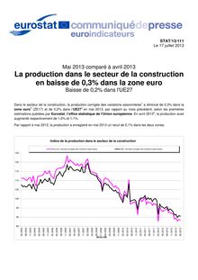 Mai 2013 comparé à avril 2013 - La production dans le secteur de la construction en baisse de 0,3% dans la zone euro