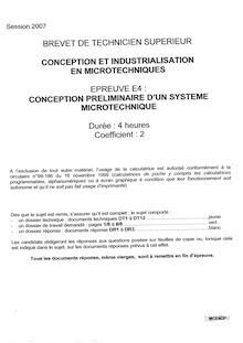 Conception préliminaire d un système microtechnique 2007 BTS Conception et industrialisation en microtechniques