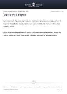 Communiqué de presse de l Elysée : Explosions à Boston