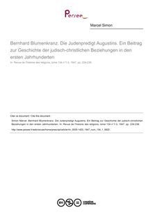 Bernhard Blumenkranz. Die Judenpredigt Augustins. Ein Beitrag zur Geschichte der judisch-christlichen Beziehungen in den ersten Jahrhunderten  ; n°1 ; vol.134, pg 234-236