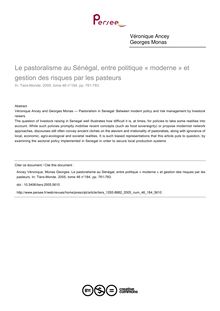 Le pastoralisme au Sénégal, entre politique « moderne » et gestion des risques par les pasteurs - article ; n°184 ; vol.46, pg 761-783