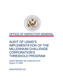  Audit of USAID’s Implementation of the Millennium Challenge Corporation’s Threshold Program