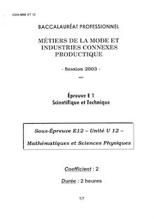 Mathématiques et sciences physiques 2003 Bac Pro - Métiers de la mode et industries connexes - productique