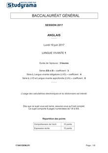 Sujet Bac L / ES / S Anglais LV1 2017 
