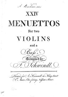Partition violon 1, 24 Menuettos pour 2 violons et a basse, Schwindl, Friedrich