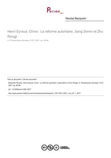 Henri Eyraud, Chine : La réforme autoritaire, Jiang Zemin et Zhu Rongji - article ; n°1 ; vol.67, pg 85-86