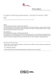 Le génie inventif des pharmaciens : brevets d invention 1836-852 - article ; n°302 ; vol.82, pg 277-286