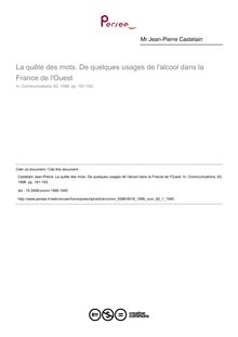 La quête des mots. De quelques usages de l alcool dans la France de l Ouest - article ; n°1 ; vol.62, pg 181-193