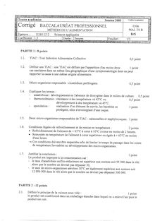 Corrige BACPRO METIERS ALIM Sciences appliquees 2003