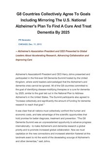 G8 Countries Collectively Agree To Goals Including Mirroring The U.S. National Alzheimer s Plan To Find A Cure And Treat Dementia By 2025