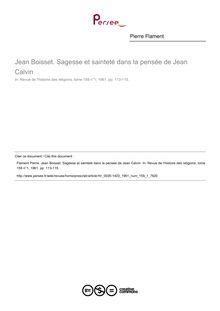 Jean Boisset. Sagesse et sainteté dans la pensée de Jean Calvin  ; n°1 ; vol.159, pg 113-115