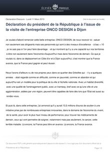 Elysée: Communiqué de presse - Déclaration du président de la République à l issue de la visite de l entreprise ONCO DESIGN à Dijon