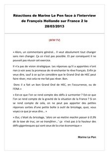 Réactions de Marine Le Pen face à l’interview de François Hollande sur France 2 le 28/03/2013