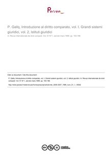 P. Gallq, Introduzione al diritto comparato, vol. I, Grandi sistemi giuridici, vol. 2, Istituti giuridici - note biblio ; n°1 ; vol.51, pg 193-196