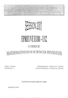 Corrige BACPRO BAT GESTION Mathematiques et sciences physiques 2001