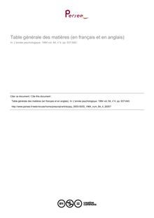 Table générale des matières (en français et en anglais) - table ; n°4 ; vol.84, pg 637-640