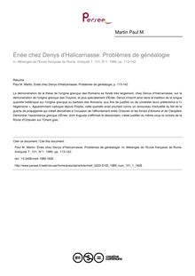 Énée chez Denys d Halicarnasse. Problèmes de généalogie - article ; n°1 ; vol.101, pg 113-142