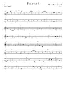 Partition viole de basse 1, octave aigu clef, fantaisies pour 6 violes de gambe par Alfonso Ferrabosco Jr.