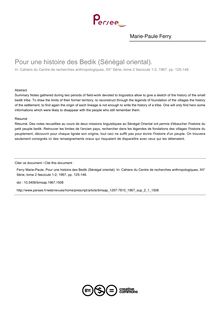 Pour une histoire des Bedik (Sénégal oriental). - article ; n°1 ; vol.2, pg 125-148