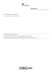 Paul Blocq, Agraphie - compte-rendu ; n°1 ; vol.2, pg 876-876