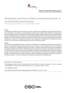 Coopérations inter-firmes en R&D et contrainte de proximité : le cas de l industrie pharmaceutique - article ; n°1 ; vol.81, pg 59-76