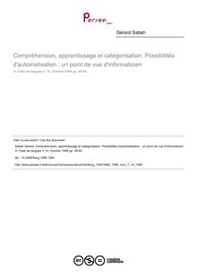 Compréhension, apprentissage et catégorisation. Possibilités d automatisation : un point de vue d informaticien - article ; n°14 ; vol.7, pg 49-64