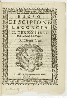 Partition Basso, Il terzo libro de Madrigali a cinque voci, Lacorcia, Scipione