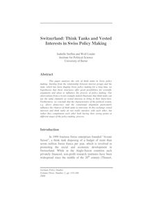 Switzerland: Think Tanks and Vested Interests in Swiss Policy Making