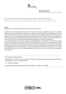 Les notices sur les évêques de Milan (IVe-VIe siècle) - article ; n°1 ; vol.100, pg 207-225