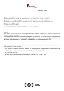 Du syncrétisme à la synthèse. Umbanda, une religion brésilienne / Front Syncretism to Synthesis. Umbanda, a Brazilian Religion - article ; n°1 ; vol.40, pg 89-97