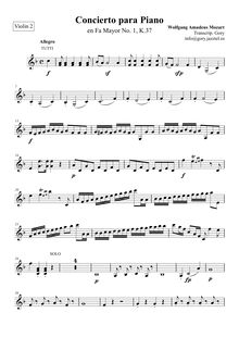 Partition violons II, Piano Concerto No.1, F major, Mozart, Wolfgang Amadeus