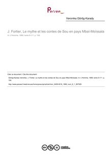 J. Fortier, Le mythe et les contes de Sou en pays Mbaï-Moïssala  ; n°1 ; vol.9, pg 104-104
