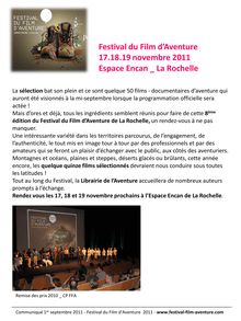 Festival du Film d’Aventure 17, 18, 19 novembre 2011 à La Rochelle - Communiqué de Presse