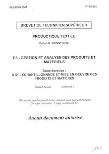 Echantillonnage et mise en oeuvre des produits et matières 2001 Bonneterie BTS Productique - textile