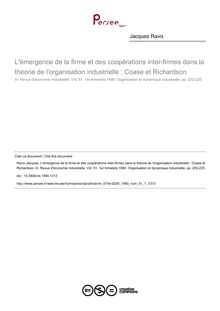 L émergence de la firme et des coopérations inter-firmes dans la théorie de l organisation industrielle : Coase et Richardson - article ; n°1 ; vol.51, pg 202-225