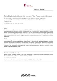 Early Blade Industries in the Levant : The Placement of Douara IV Industry in the context of the Levantine Early Middle Paleolithic - article ; n°1 ; vol.15, pg 215-229