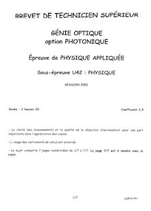 Physique 2002 BTS Génie optique photonique