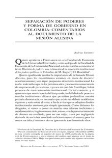 Separación de poderes y forma de gobierno en Colombia: comentarios al documento de la Misión Asesina(Separation of Powers and Form of Government in Colombia: Comments to Alesina s Mision)