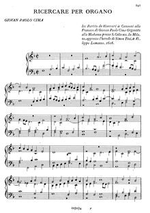 Partition complète, Ricercare per Organo, Cima, Giovanni Paolo