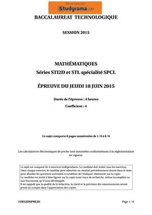 Sujet BAC STL LABO 2015 Mathématiques