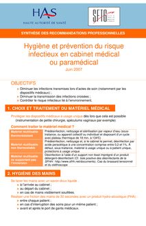 Hygiène et prévention du risque infectieux en cabinet médical ou paramédical - Hygiène au cabinet médical ou paramédical - Synthèse des recommandations