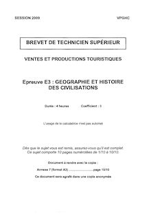 Géographie et histoire des civilisations 2009 BTS Vente et productions touristiques