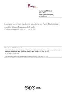 Les jugements des médecins algériens sur l activité de soins : une identité professionnelle fragile - article ; n°2 ; vol.16, pg 5-25