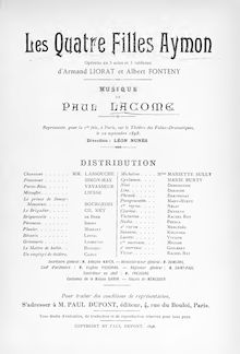 Partition complète, Les quatre filles Aymon, Vaudeville-Opérette en trois actes et cinq tableaux