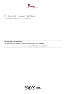 IX - Sommeil, Hypnose, Pathologie - note biblio ; n°1 ; vol.8, pg 684-708